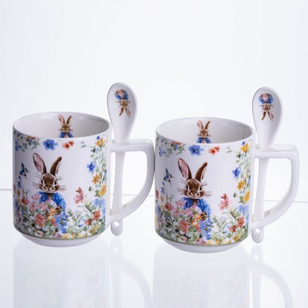 Набір чашок порцелянових Garden Rabbits 2 штуки по 300 мл з ложками HP-7323-3 фото