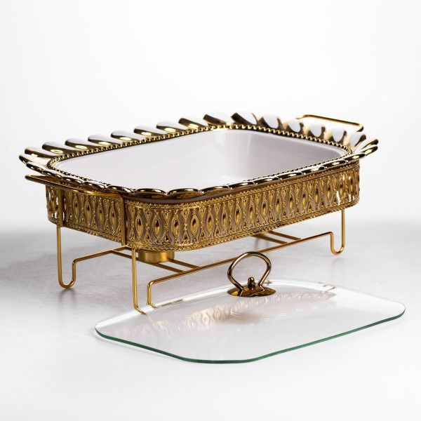 Мармітниця порцелянова Tiffany 2 л квадратна зі скляною кришкою на металевій підставці з підігрівом SX42-3 фото
